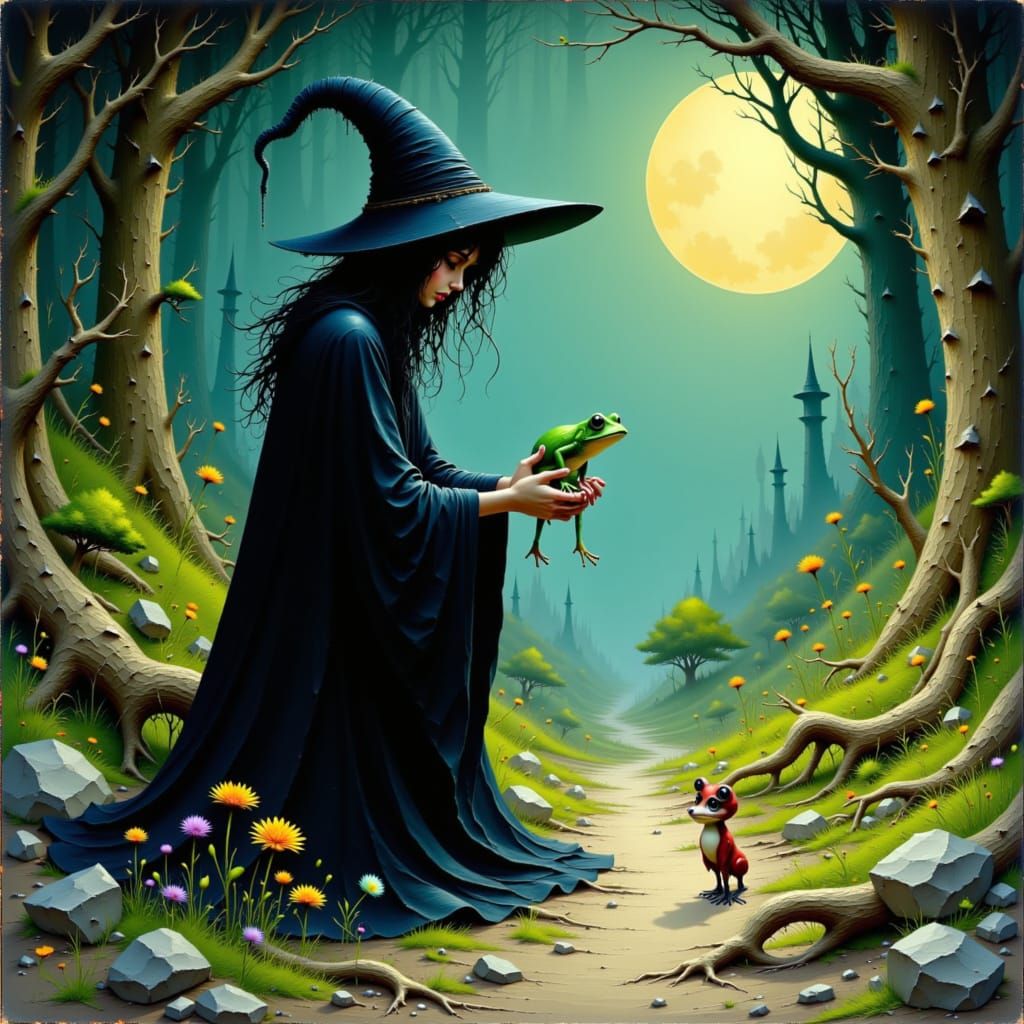 Mystical Witch Scolds Magical Frog: Fantasy Art