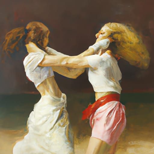 Two Women Wrestling in Oil Painting Style