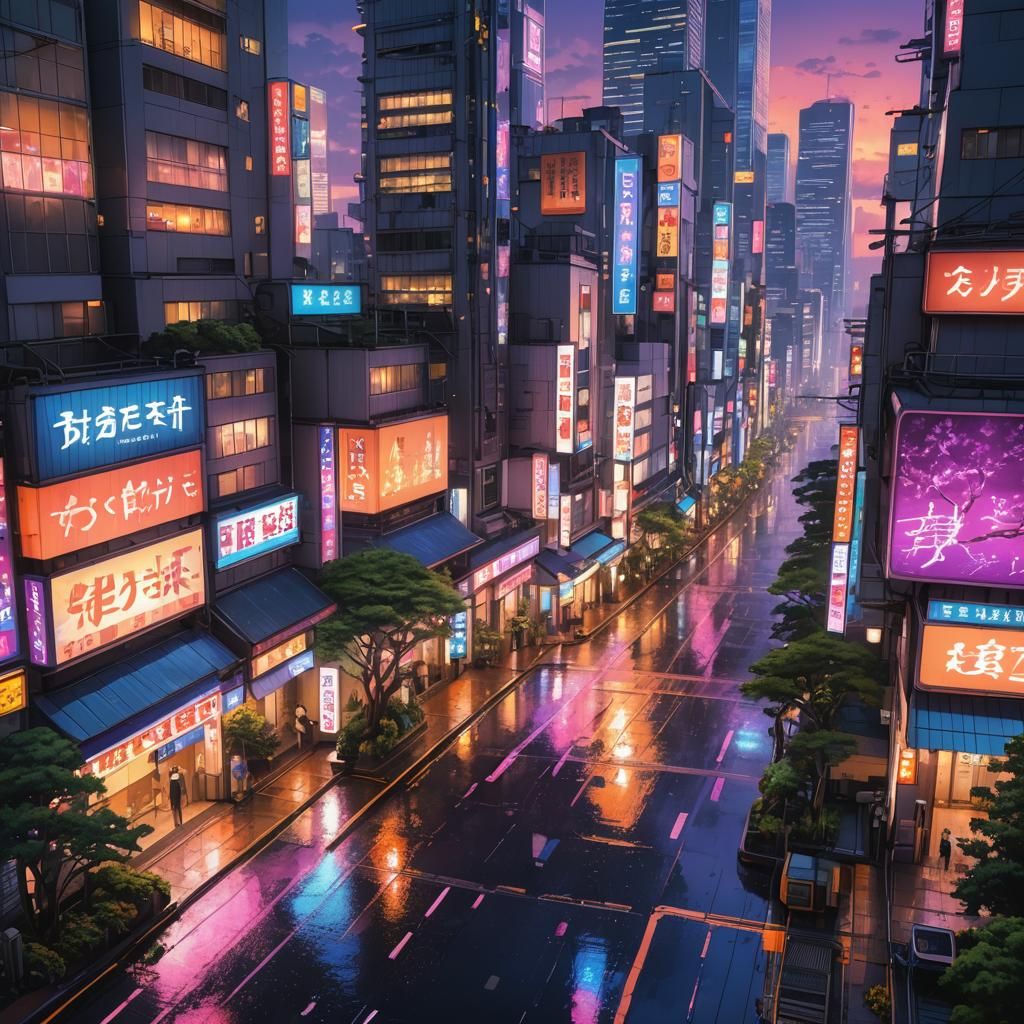 Tokyo Anime Cityscape at Sunset in Vibrant Colors