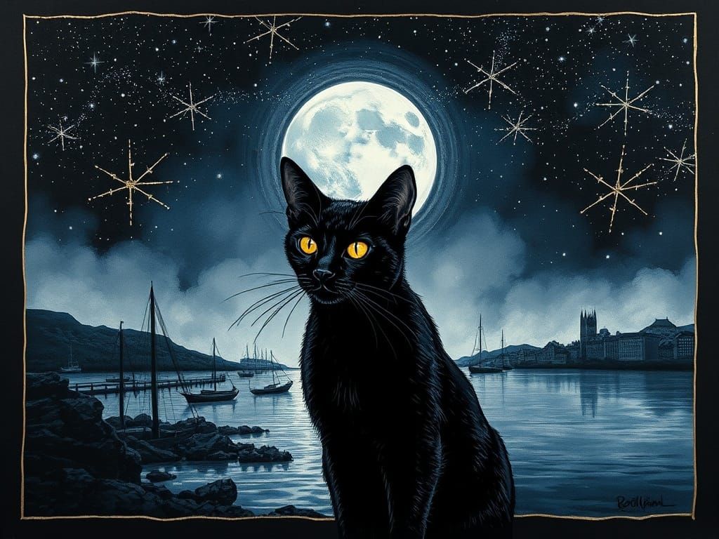 Alcohol Ink Black Cat Under Starry Moonlit Sky