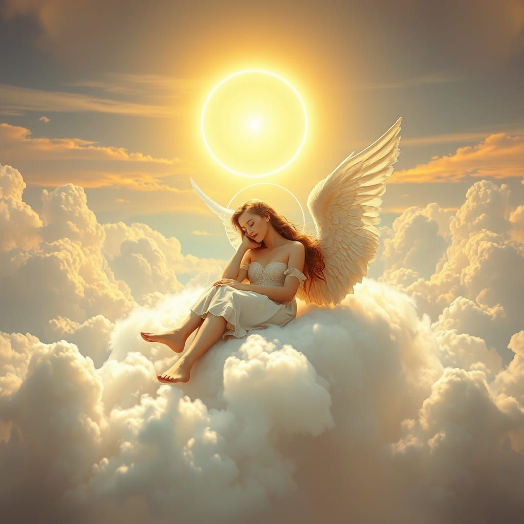 Serene Angel Reclines on a Lush Cloud in a Realistic Sky