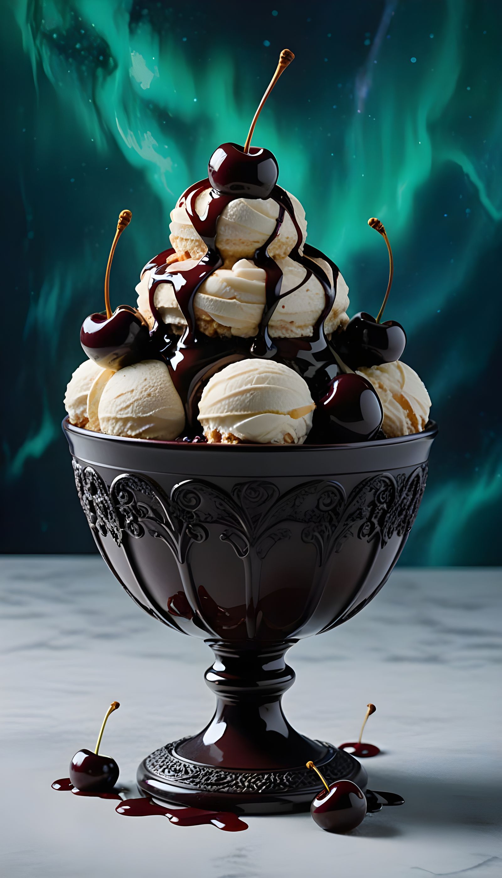Dramatic Sundae with Dark Cherries and Aurora Borealis