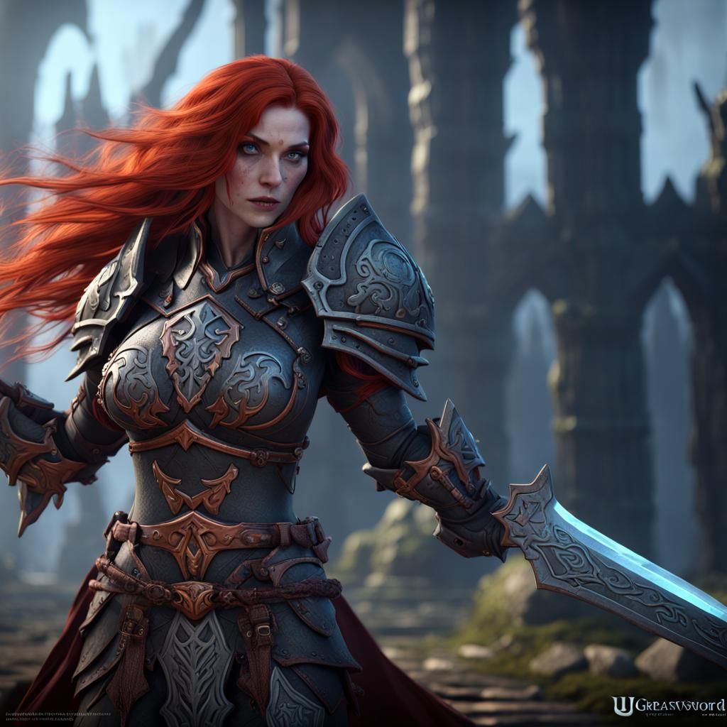 Fiery Redhead Death Knight Wields Greatsword in Fantastical...