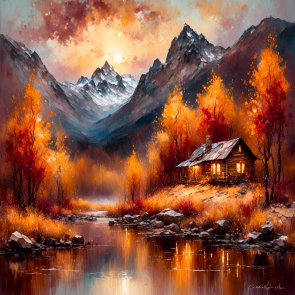 Impressionist Autumn Cabin Scene with Majestic Mountains