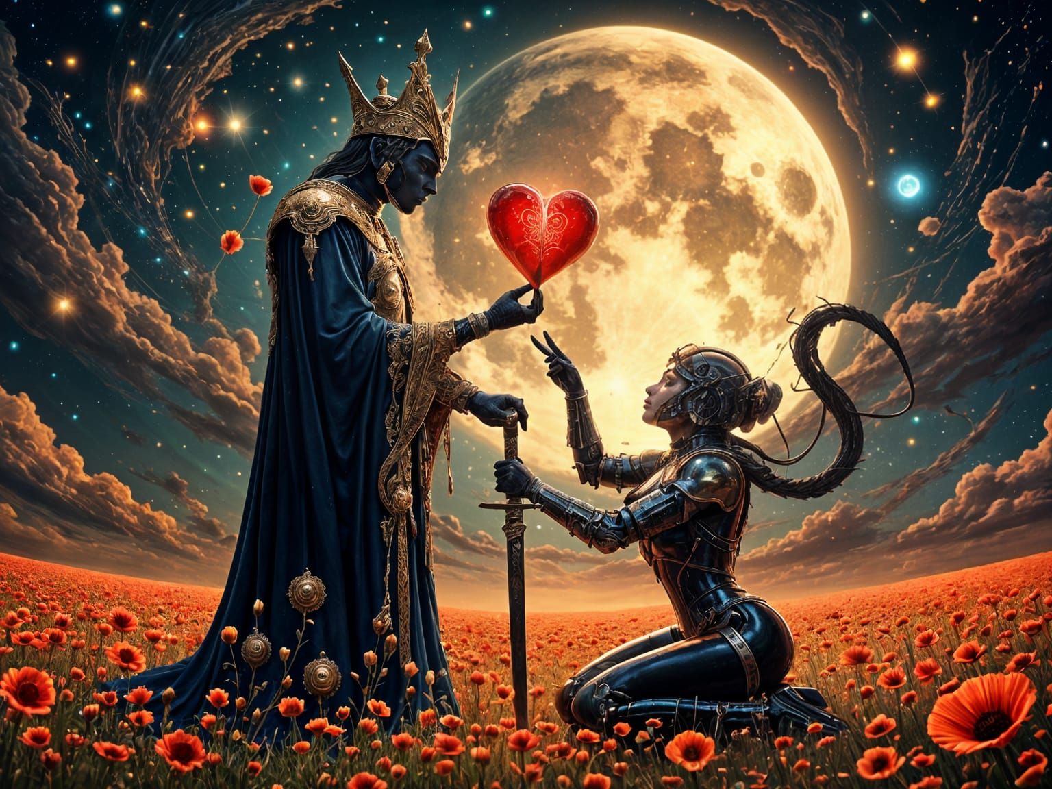 Majestic King Receives Heart from Mecha in Oil Painting Styl...