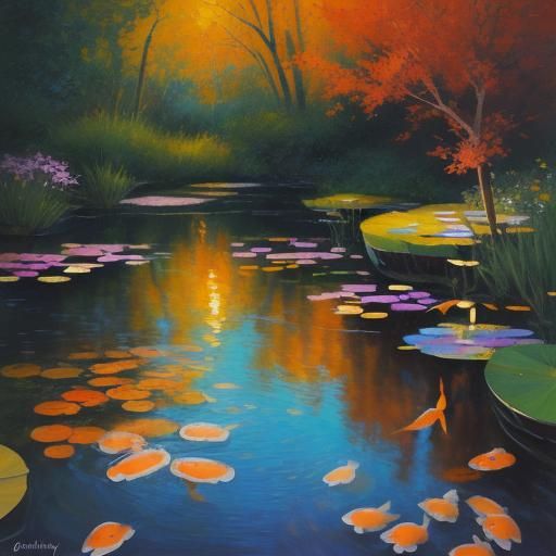 Ethereal Koi in a Vibrant Red Pond at Night