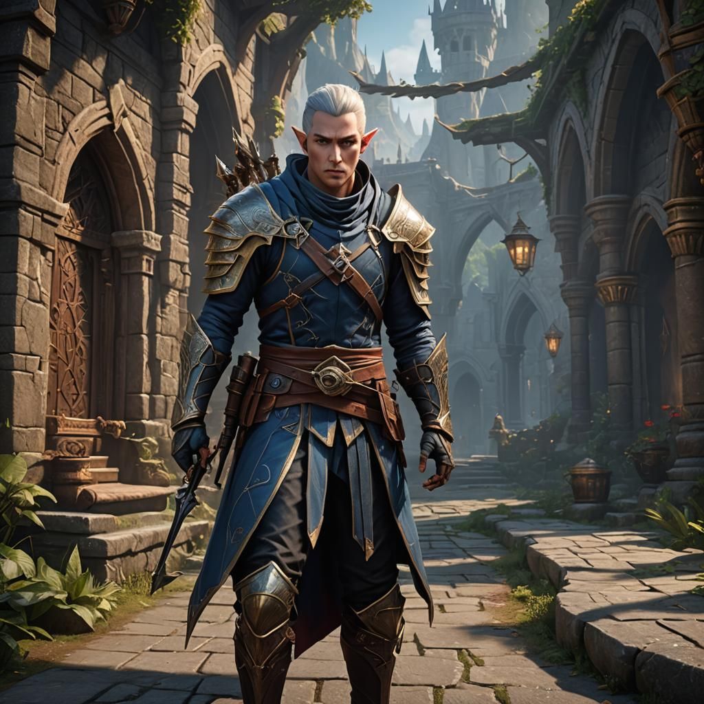 Elegant High Elf Assassin Prepares for Quest in Realistic Fa...