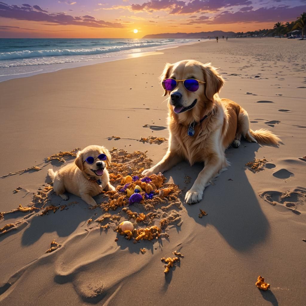 Golden Retriever in Sunset Beach Landscape