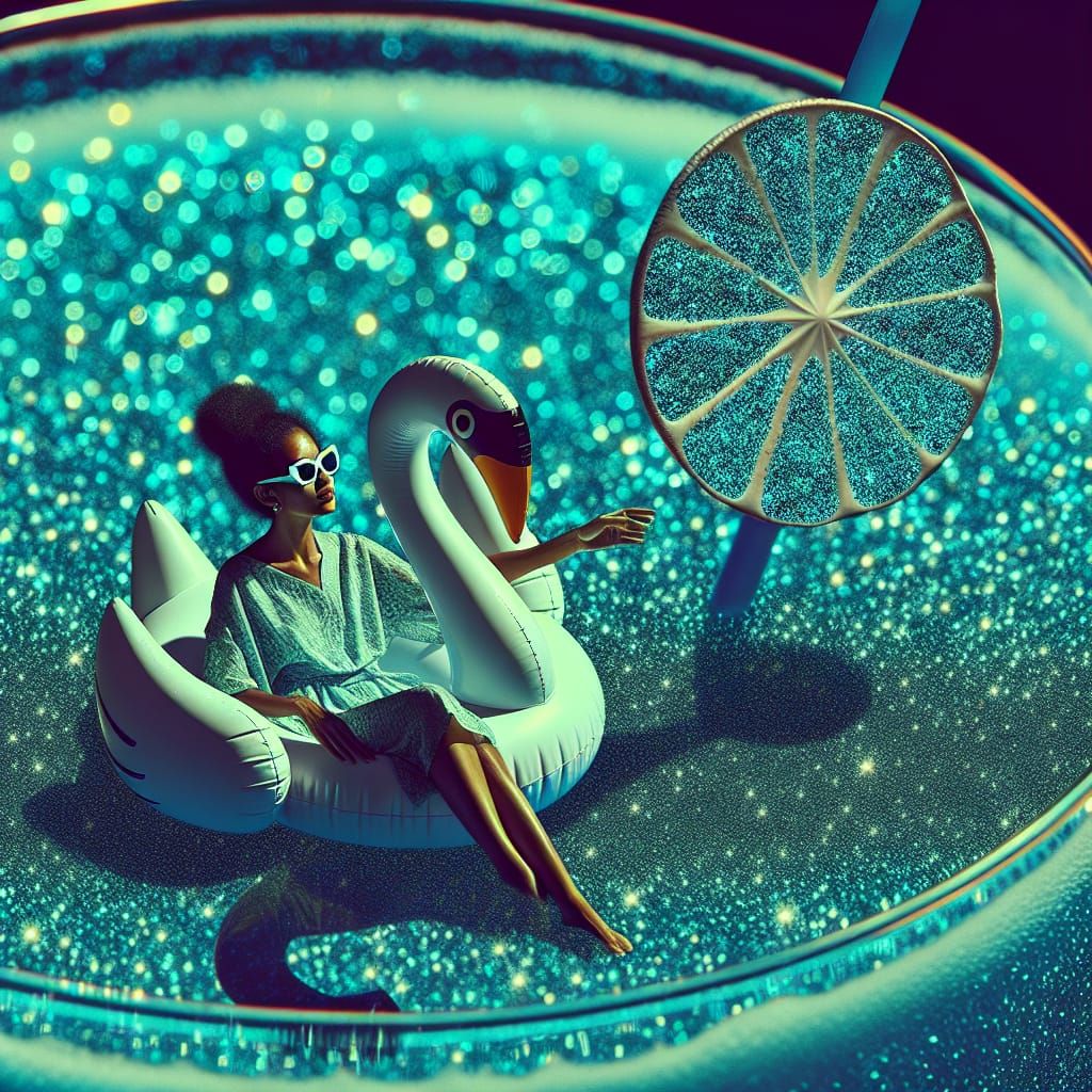 Surreal Blue Margarita Oasis with Elegant Woman at Leisure