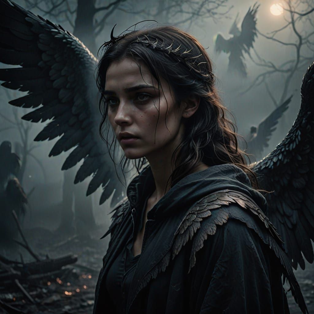 Dark Fantasy: Woman Summons Fallen Angel in Fog