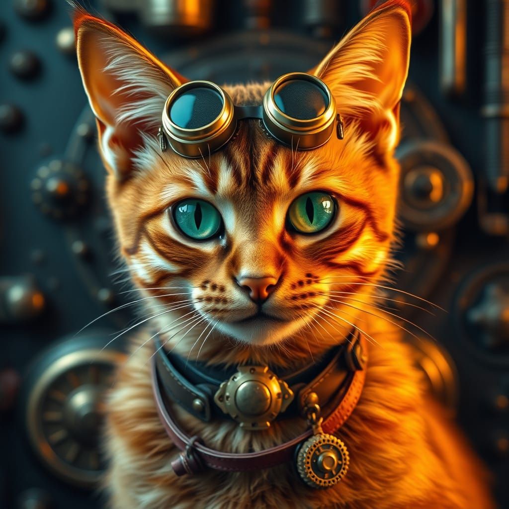 Majestic Steampunk Feline with Emerald Eyes
