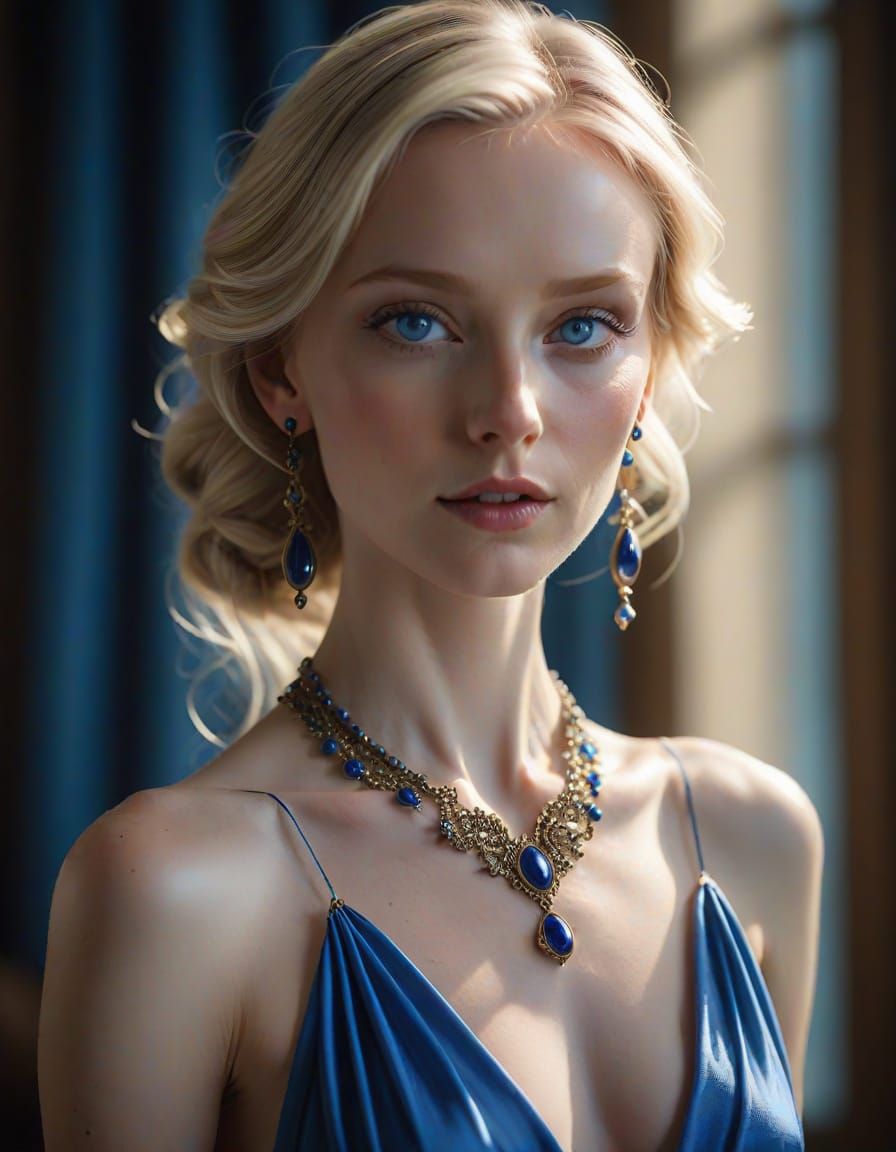 Elegant Blonde Woman in Blue Silk Dress
