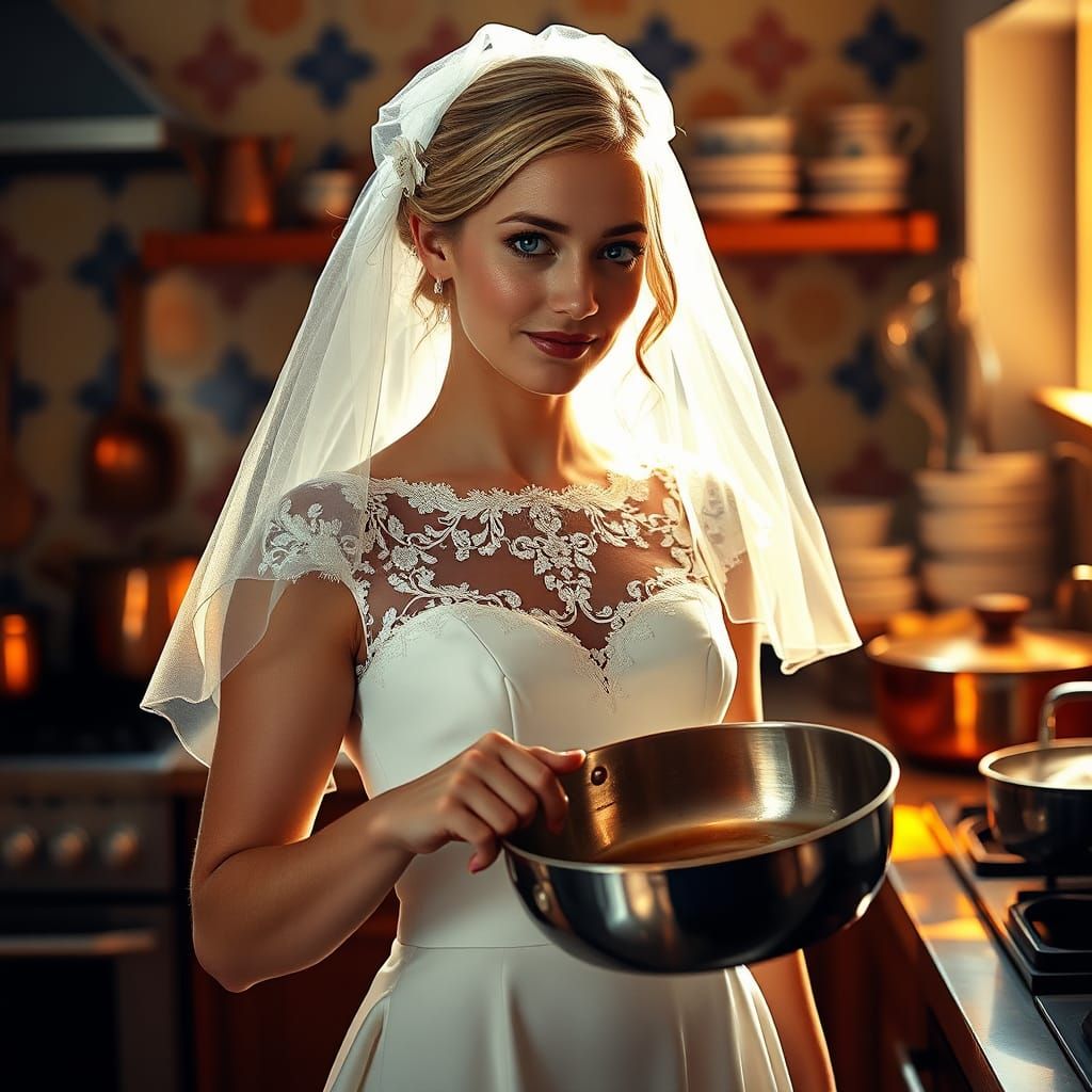 Newlywed Bride in Golden Kitchen Oasis