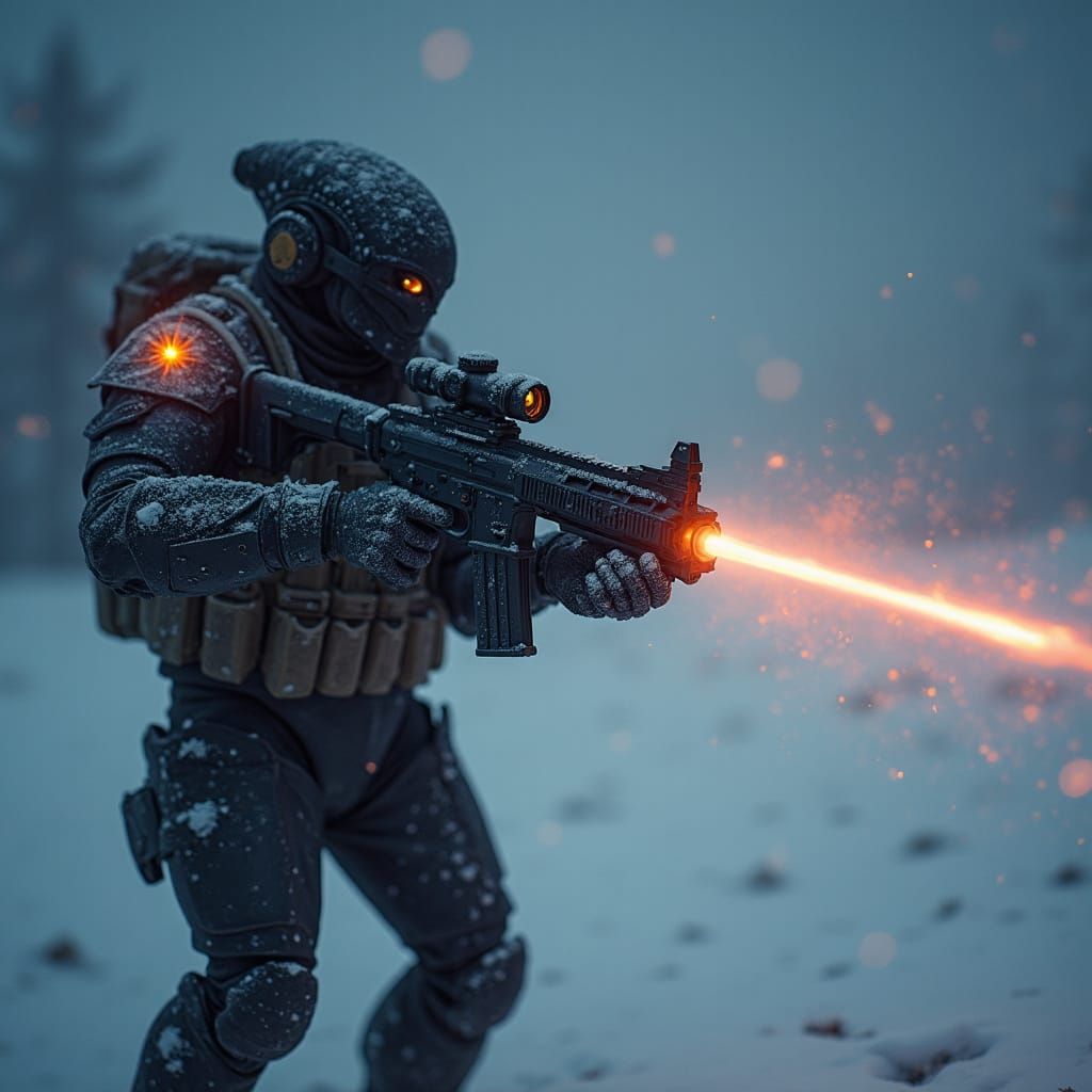 Alien Soldier in Snowstorm with Laser Machinegun