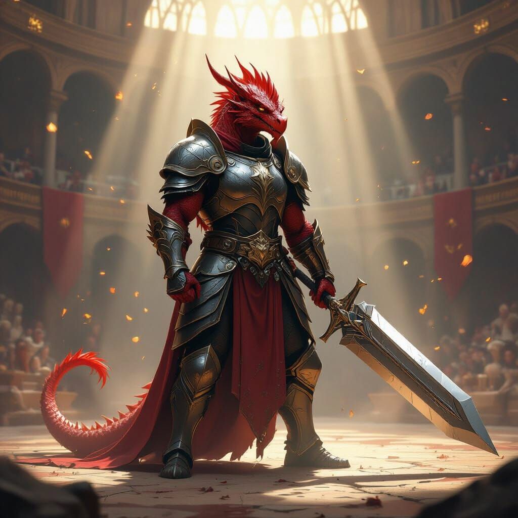 Red Dragonborn Warrior with Greatsword in Arena