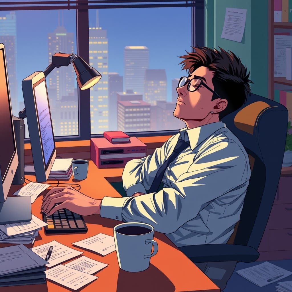 Anime Businessman Asleep at Desk in Manga Style