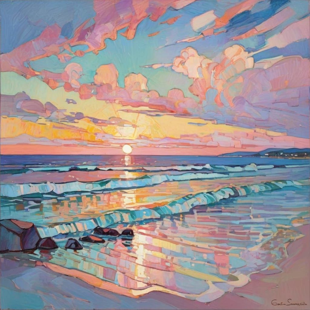 Pink Sunset Beach Scene, Impressionistic Style