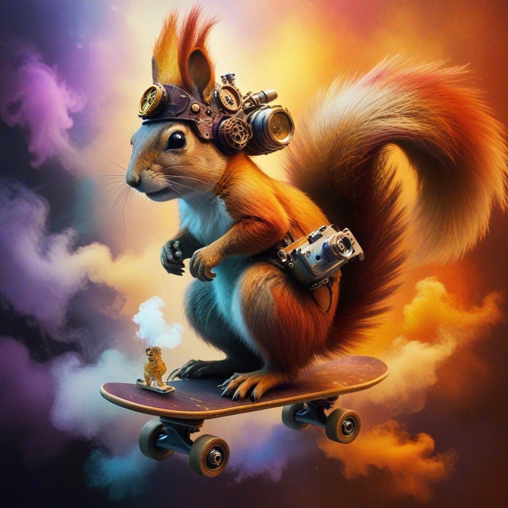 Steampunk Squirrel's Whimsical Skateboard Ride