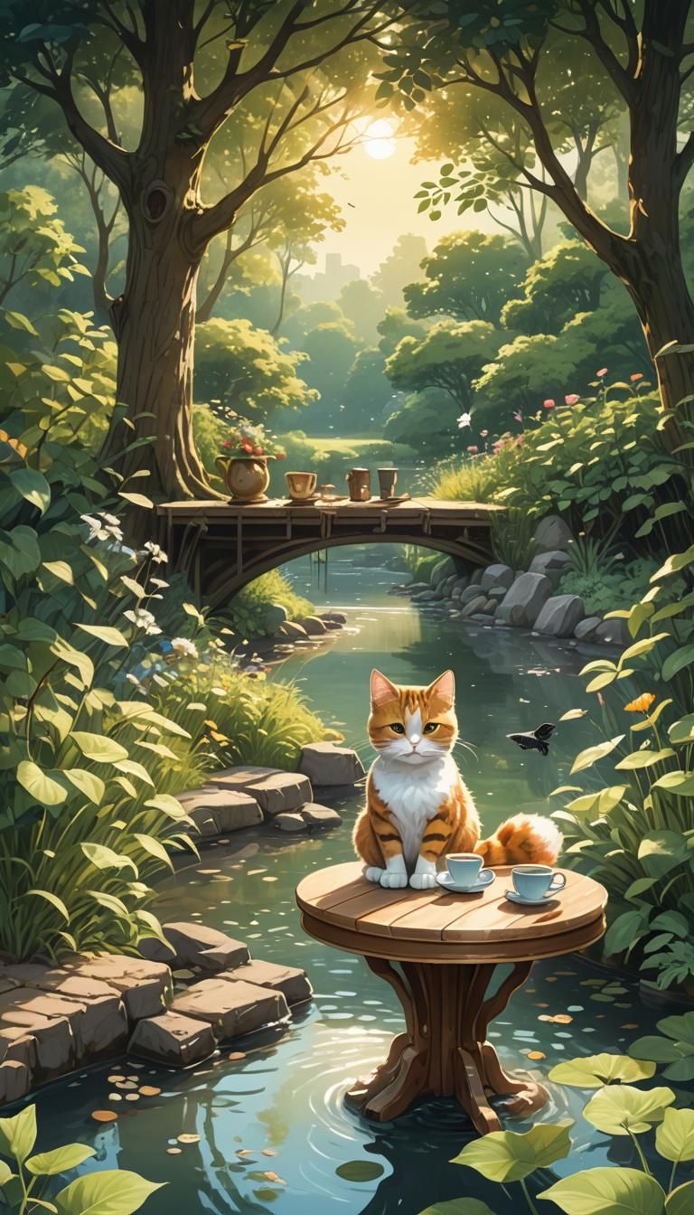 Whimsical Anime Garden Scene with Cat and Bird