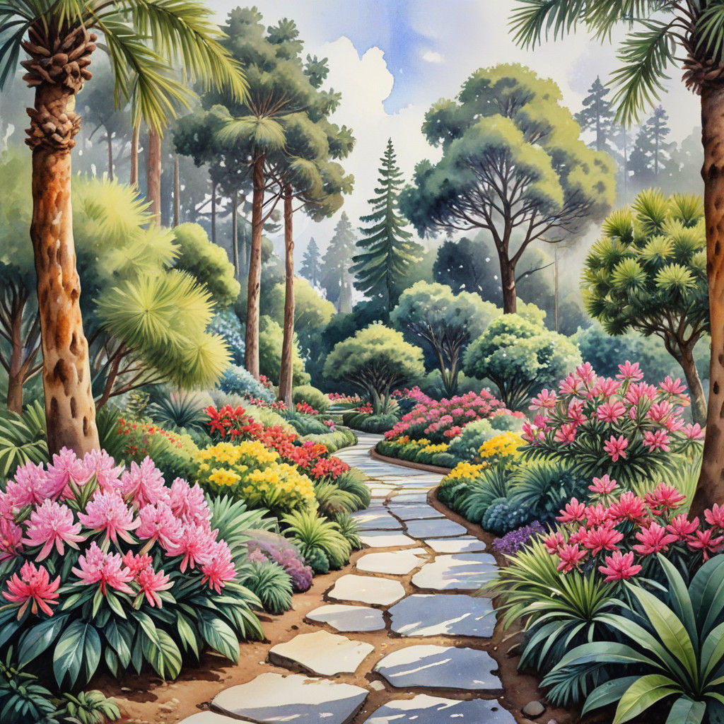 Lush Botanic Garden Painting in Watercolor Style