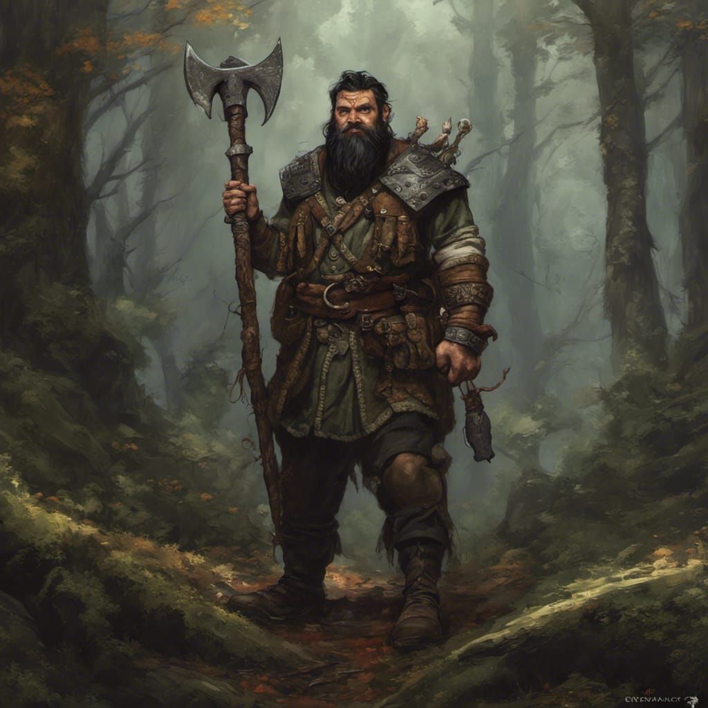 Fantasy Dwarf Hunter in Deep Woods
