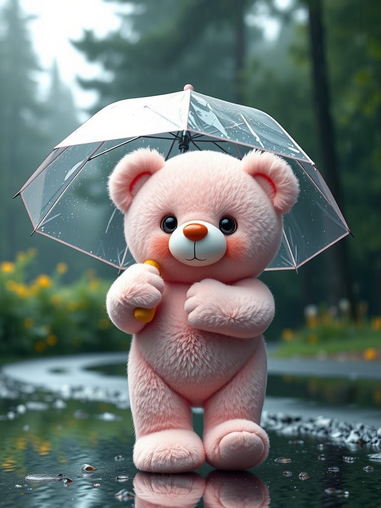 Hyperrealistic Pink Teddy Bear on a Rainy Day