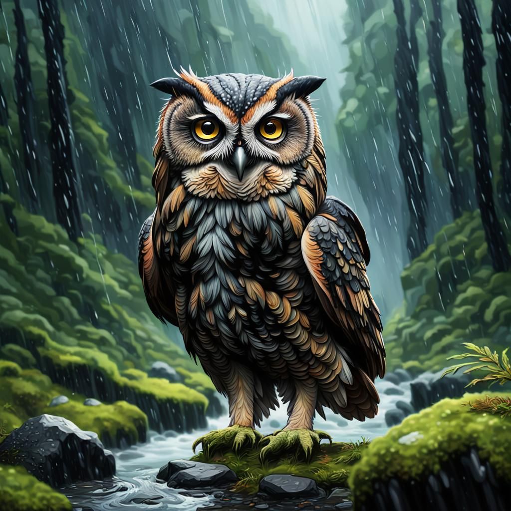 Mystical Owl in Mossy Rainforest