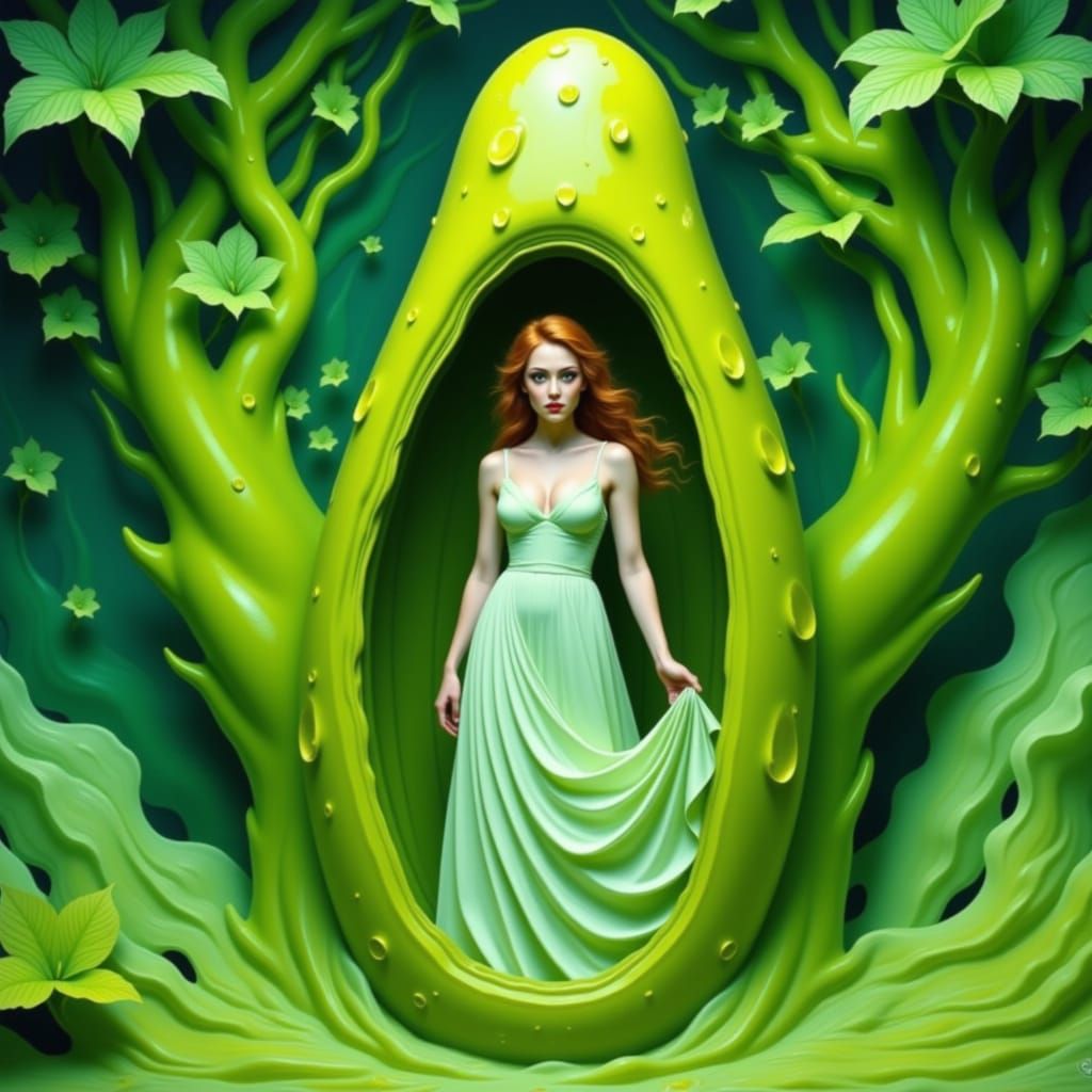 Woman in Pickle: Surreal Dreamscape in Vibrant Colors