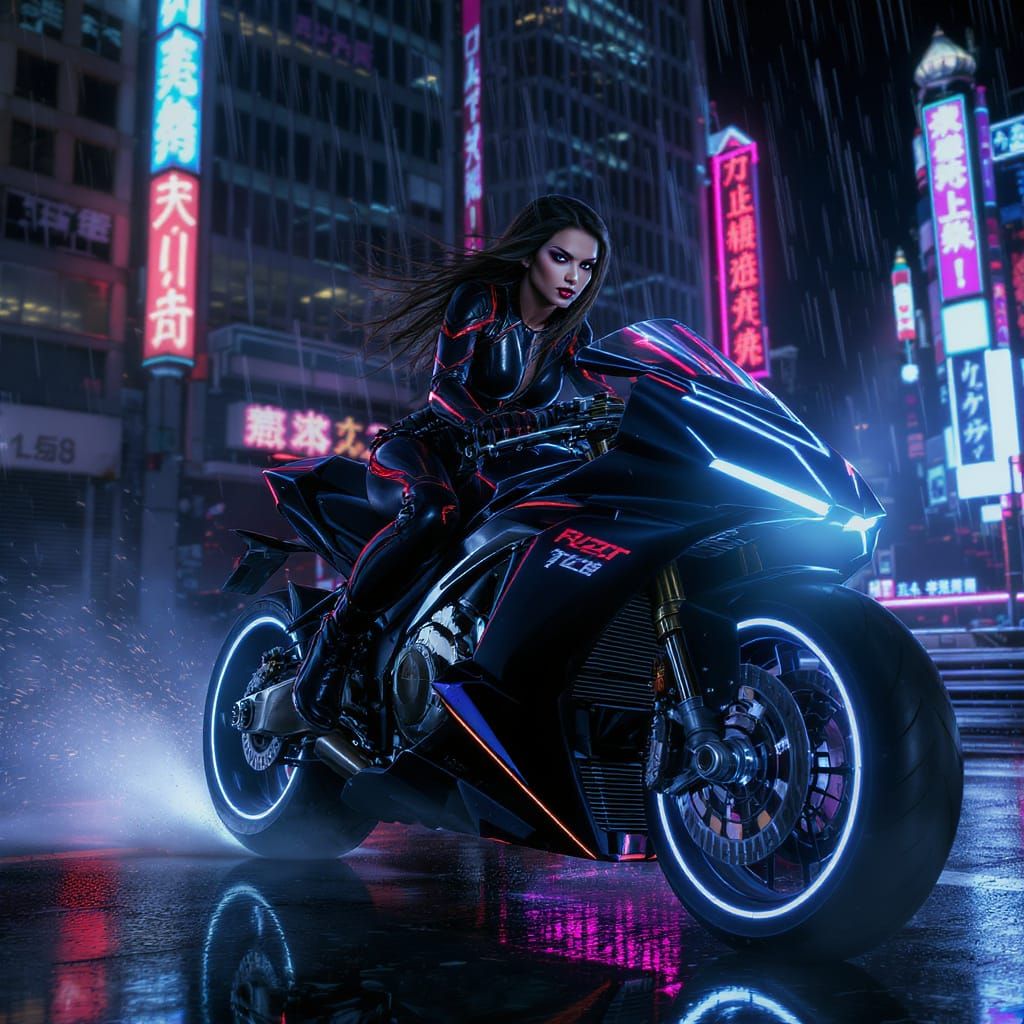 Futuristic Woman Rides Neon-Lit Cityscape Bike
