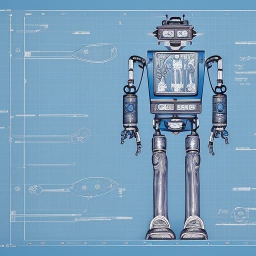 Cyberpunk Robot Surgeon Blueprint in Futuristic Technical Dr...