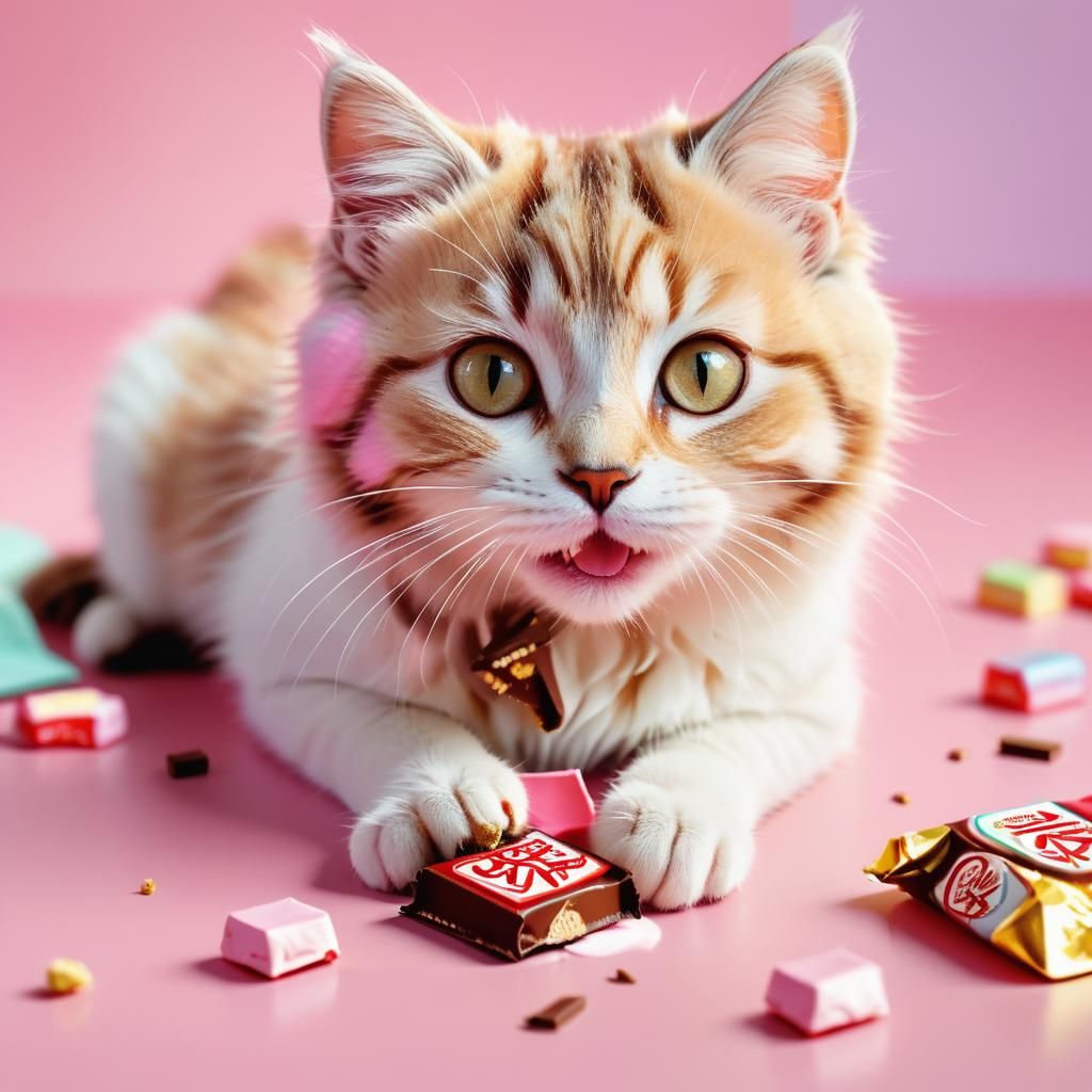 Vibrant Pastel Pink Kitty Cat Enjoying a KitKat Snack