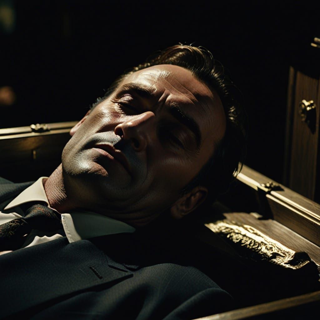 Dramatic Film Noir Image: Man Sleeping in Coffin
