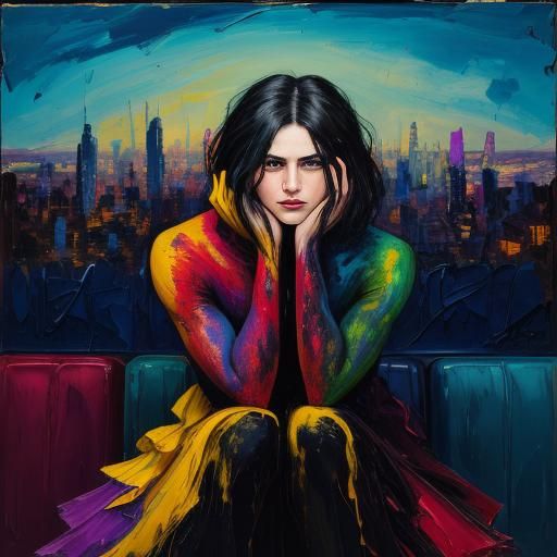 Vibrant Expressionist Portrait with Cityscape