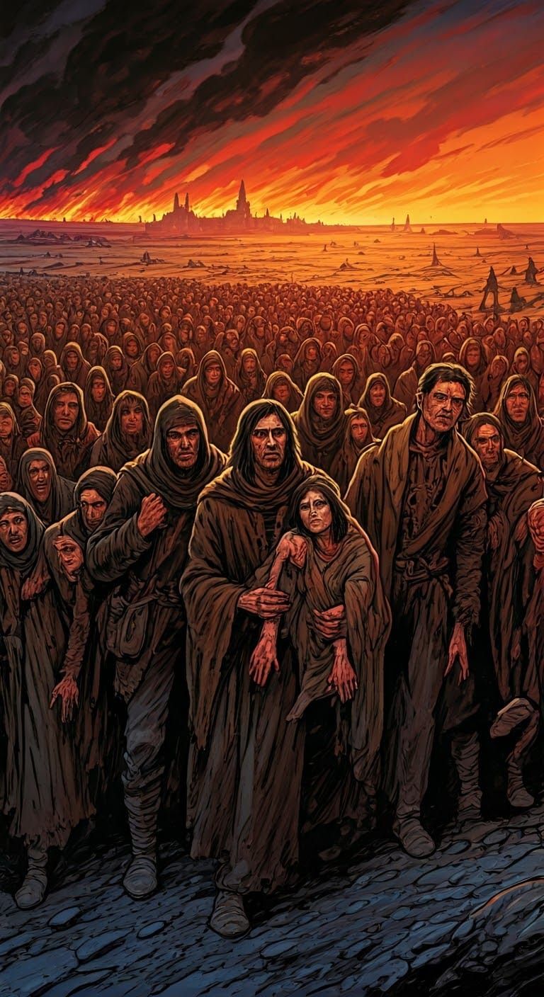 Massive Crowd of Refugees in Dark Fantasy Wasteland Scene, I...