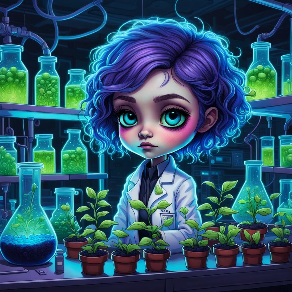 Chibi Scientist Girl in Futuristic Lab, Observing Tiny Lime...