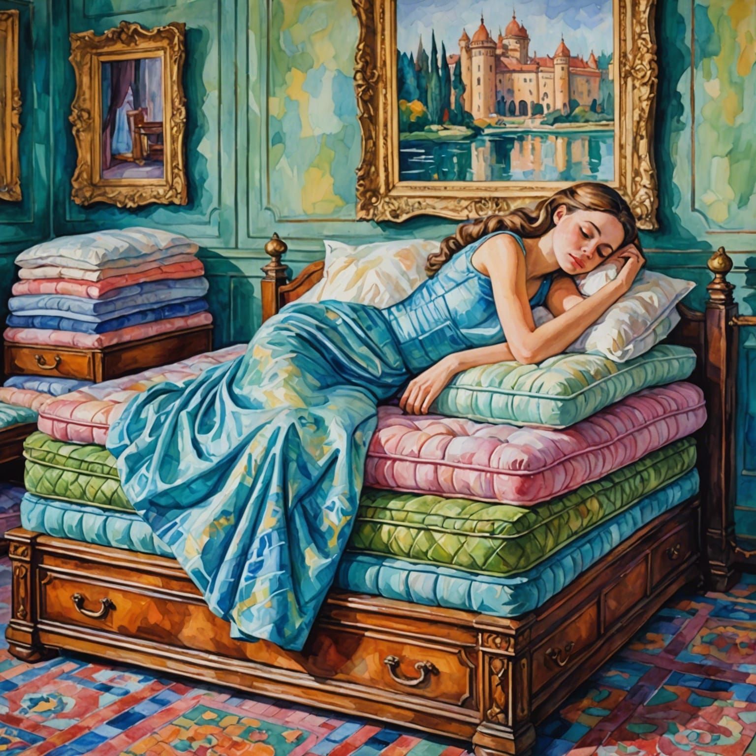 Luxurious Princess Slumbering on Mattresses in Palace