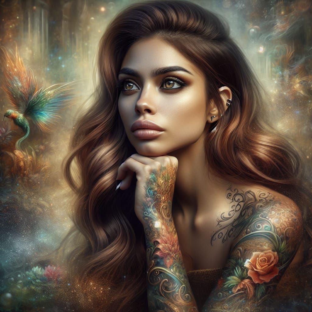 Enchanted Woman Amidst Whimsical Glittering Landscape in Oil...