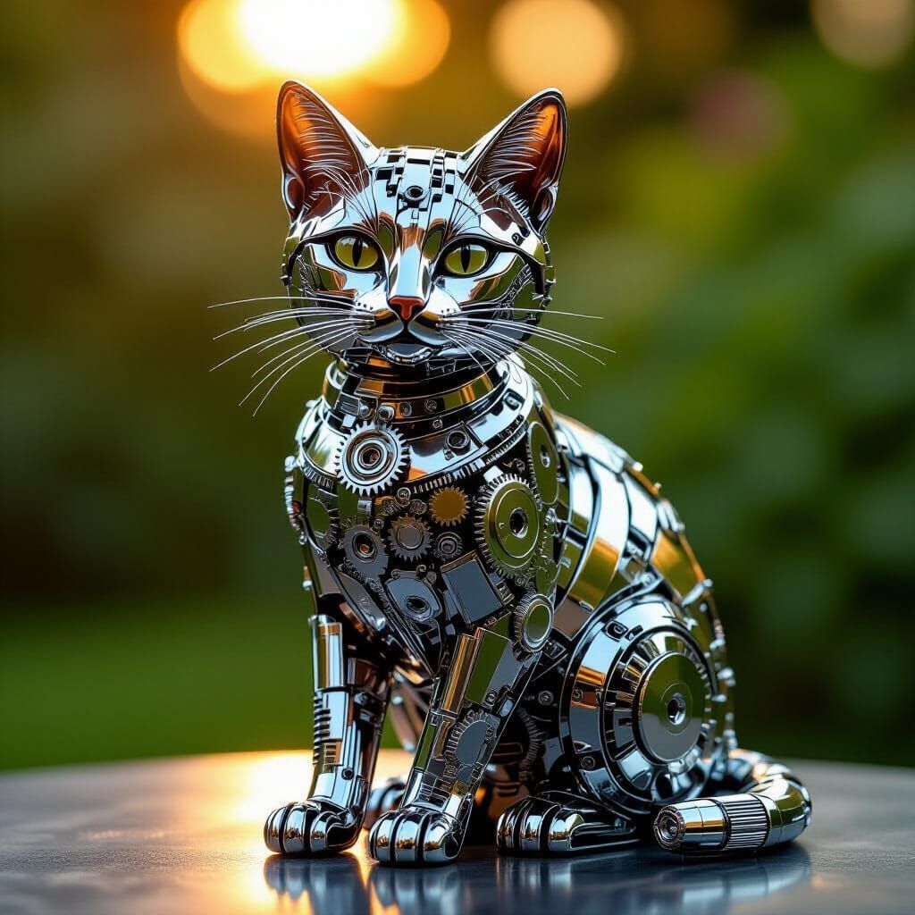 Realistic Cat Sculpture Made of Mechanical Parts
