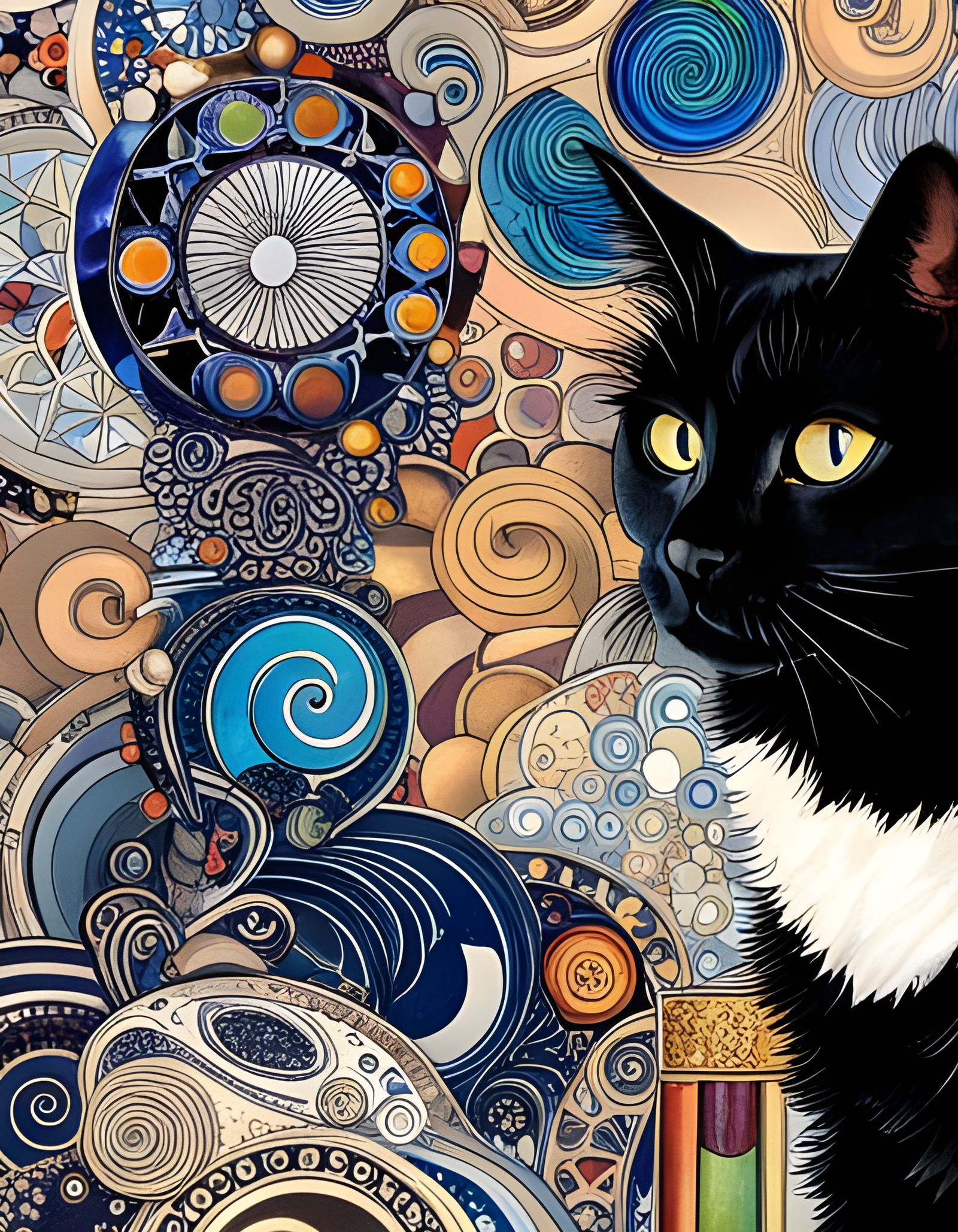Whimsical Black Feline Portrait in Iridescent Bohemian Style