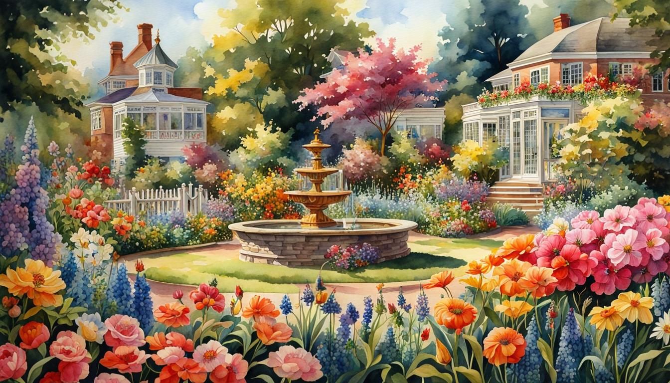 Romantic Watercolor Garden Scene in Art Deco Style