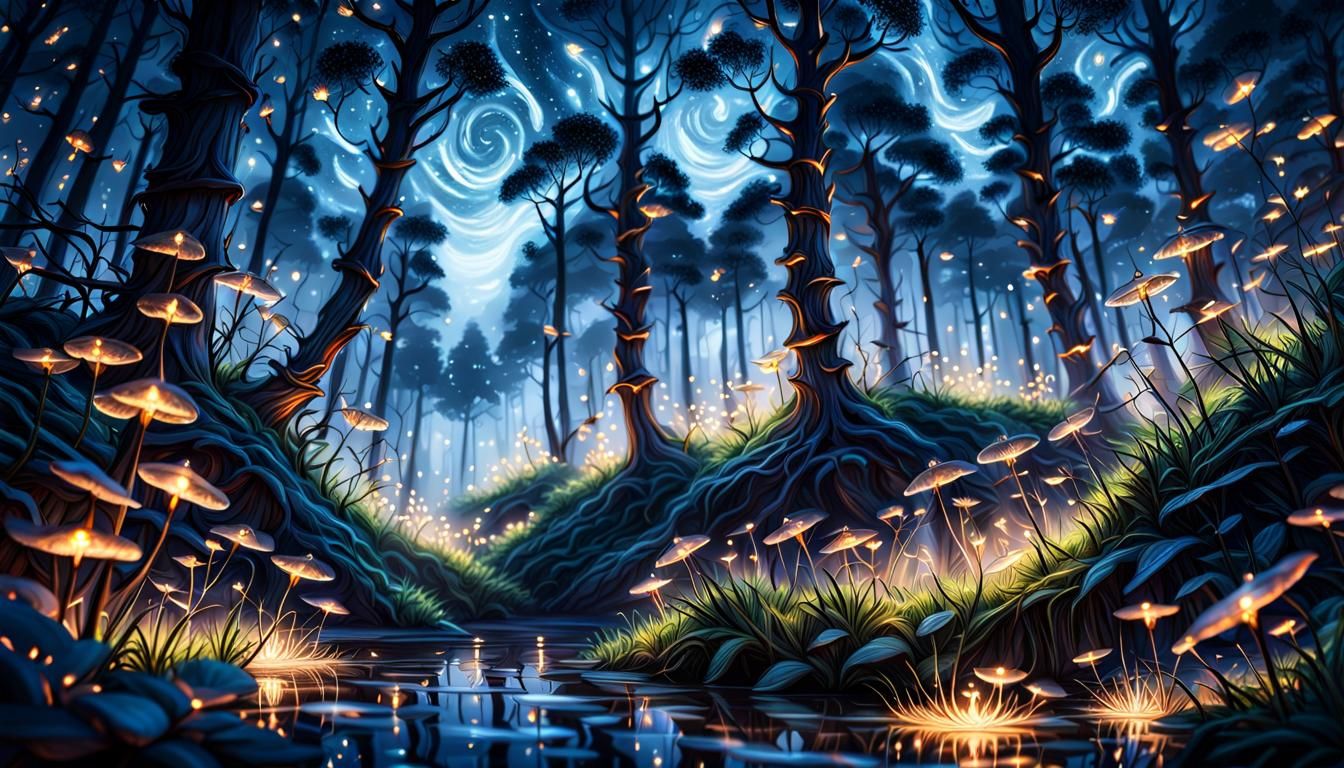 Enchanted Nighttime Forest in Hyperrealistic Detail