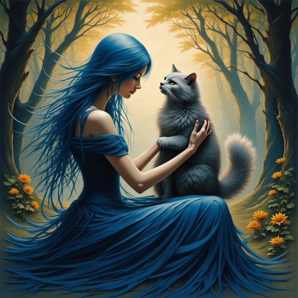 Woman with Blue Hair and Cat in Sun-Dappled Forest
