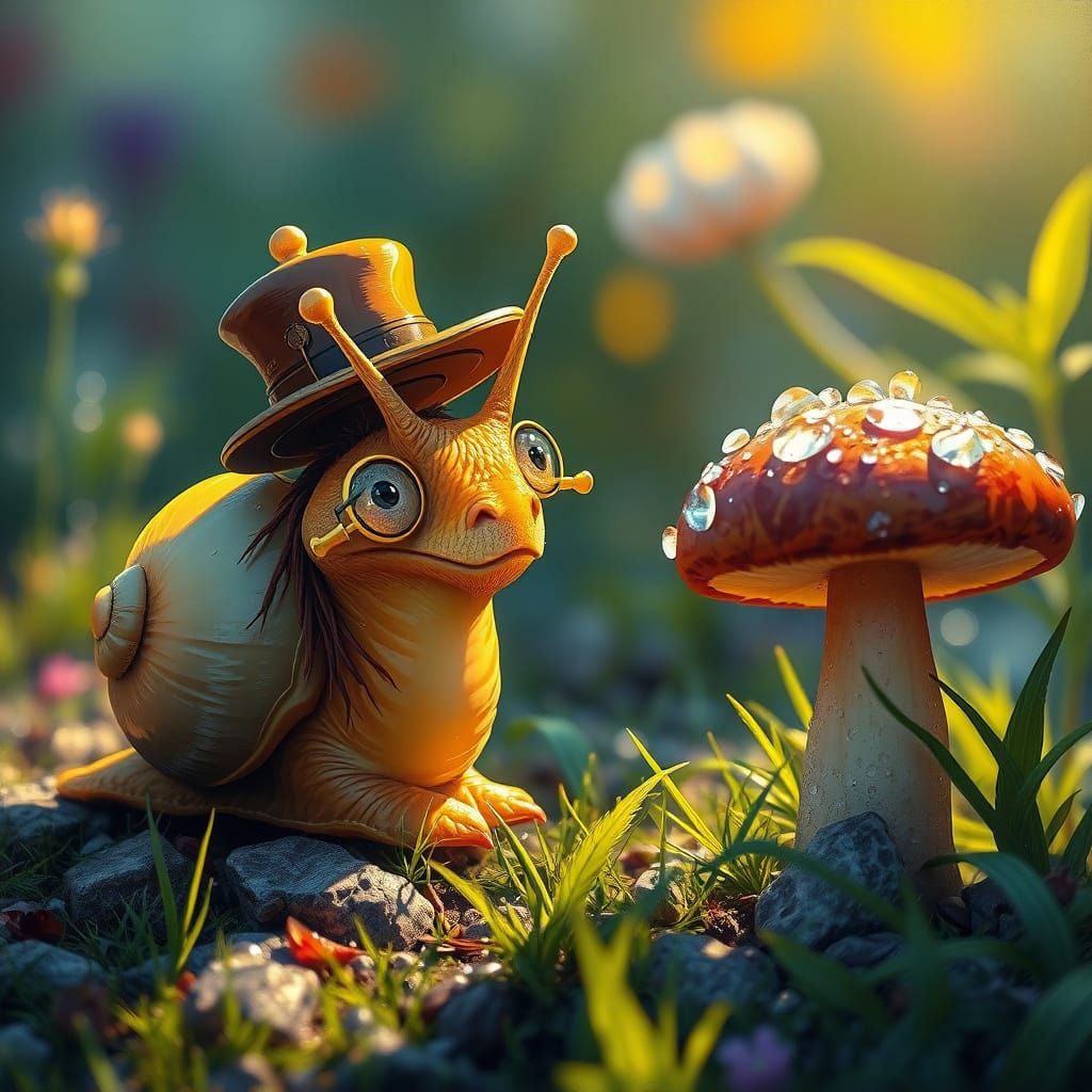 Golden Snail in Garden: Neo-Impressionistic Oil Painting