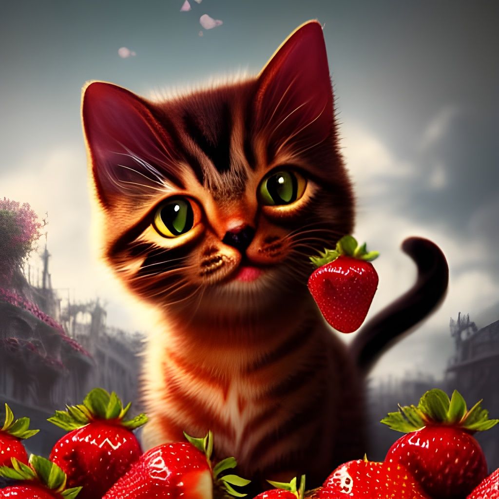 Whimsical Steampunk Cat Amidst Strawberry Blooms