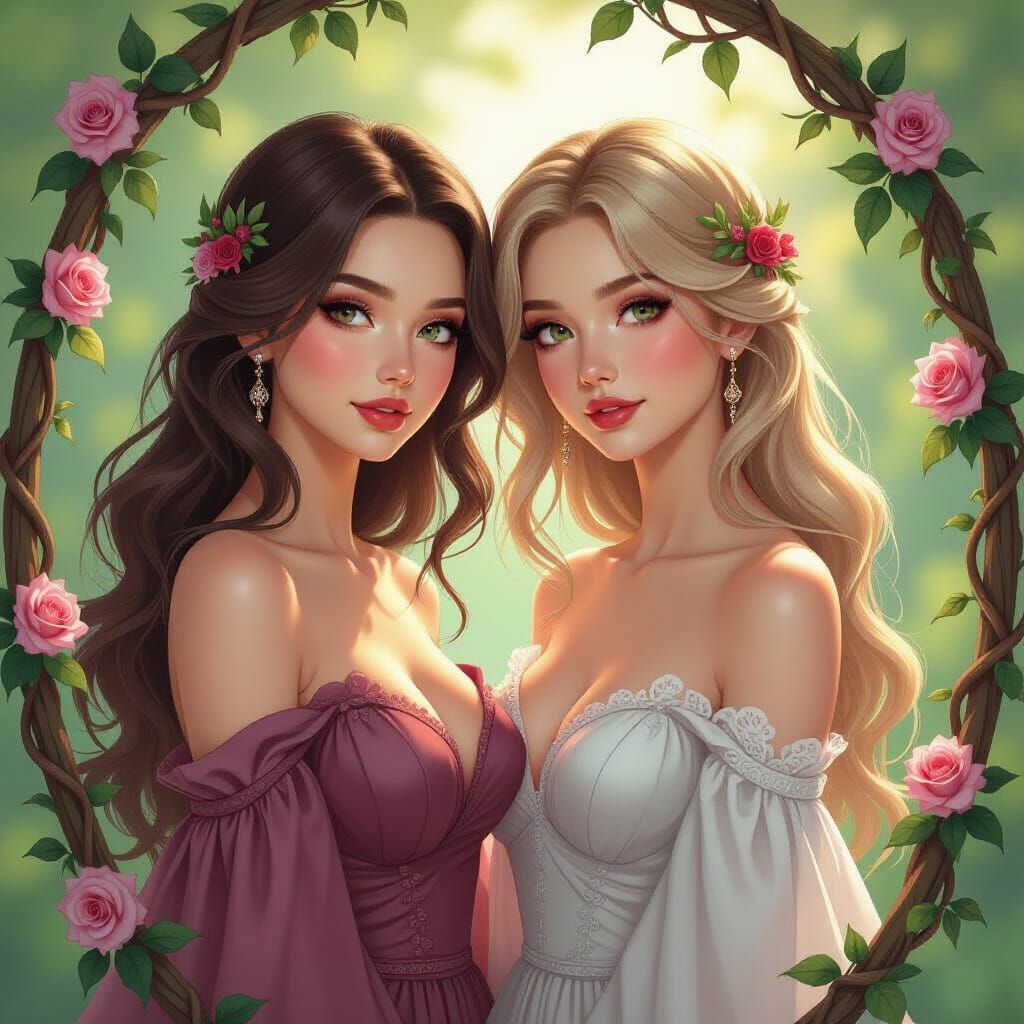 Mirrored Women Joined by Vines and Roses