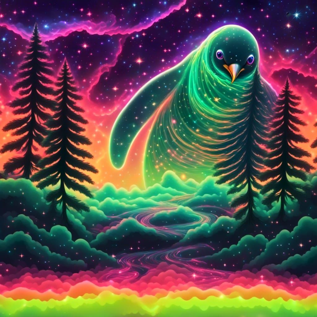 Cyberpunk Space Penguin Emerging from a Neon Nebula