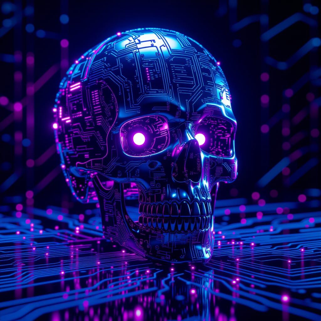 Cyberpunk Skull of Circuit Boards with Purple Glow