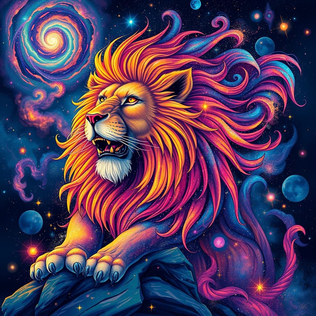 Cosmic Lion Roaring in Space Art Style