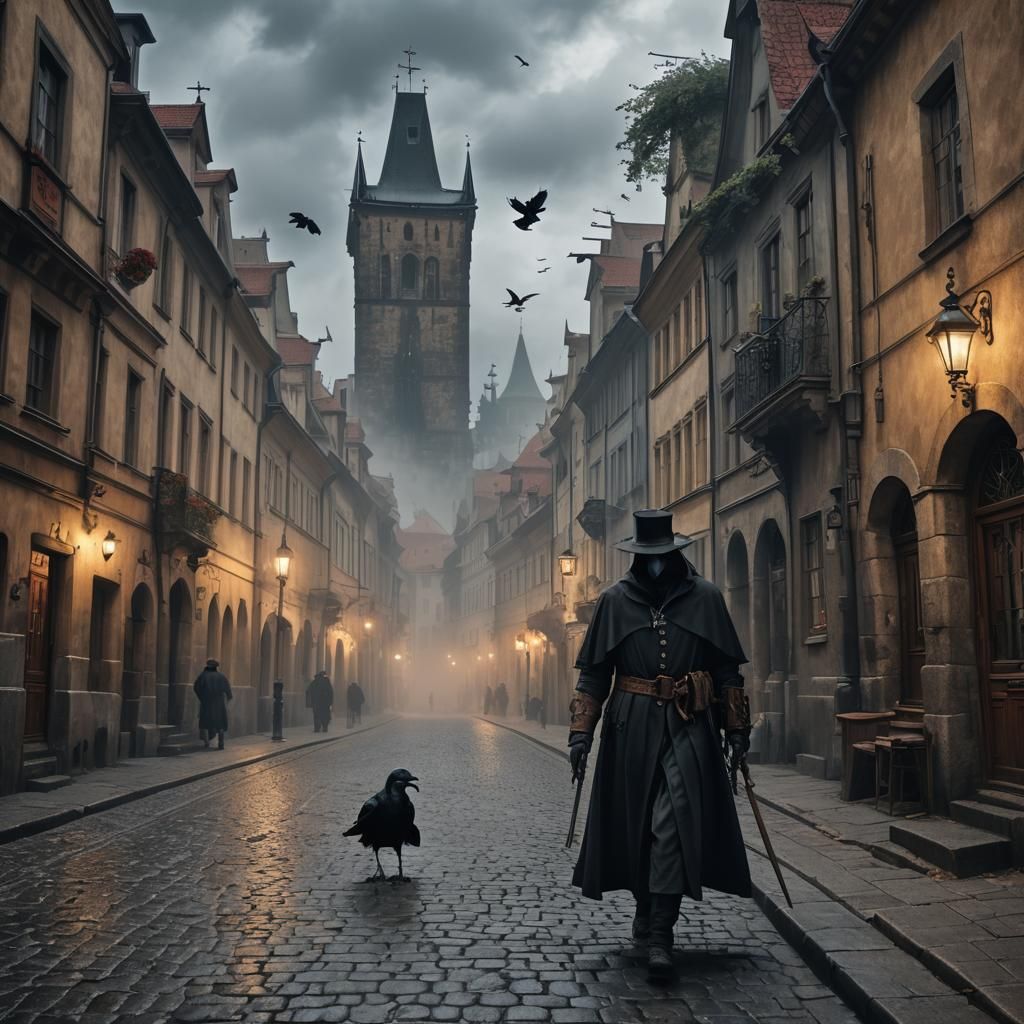 Medieval Plague Doctor in Mystical Prague Streets
