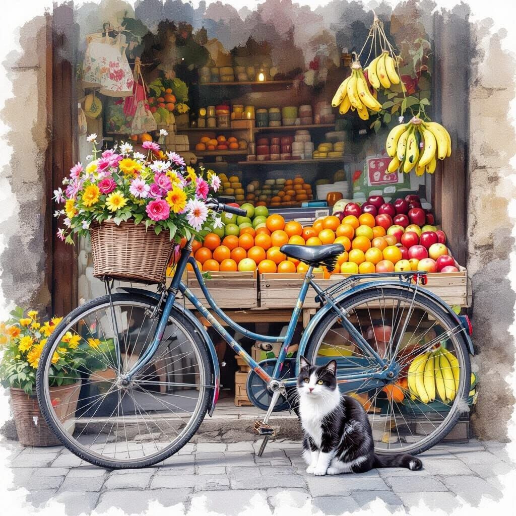 Charming Watercolor of Bicycle with Cat and Fruit Stand